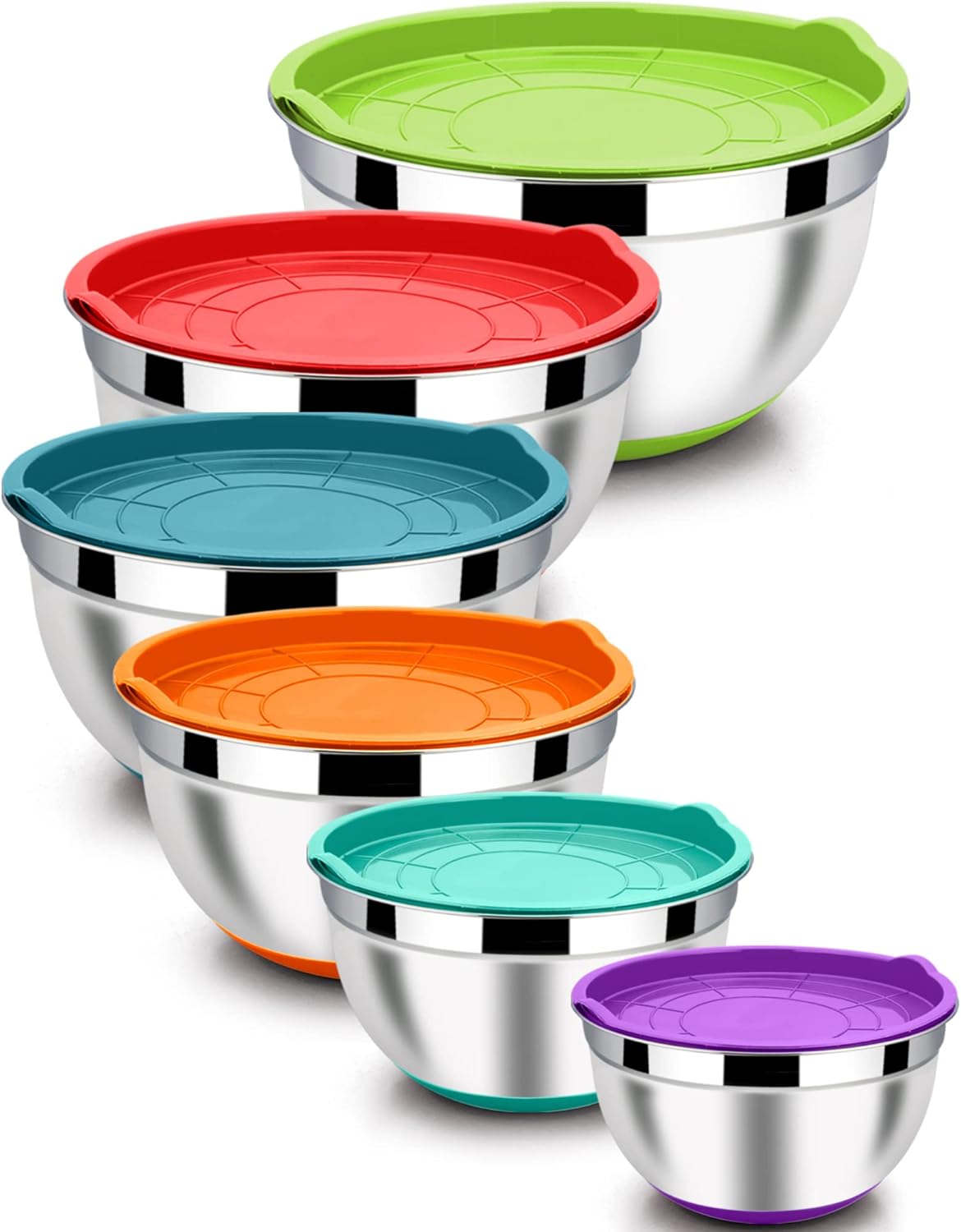 LIANYU Nesting Mixing Bowls Set of 6 with Airtight Lids, Size 7, 3.5, 2.5, 2, 1.5, 1QT, Large Stainless Steel Metal Bowls for Baking Cooking Food Storage, Non-slip Bottom, Colorful