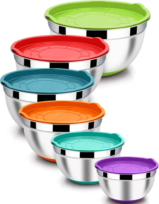 LIANYU Nesting Mixing Bowls Set of 6 with Airtight Lids, Size 7, 3.5, 2.5, 2, 1.5, 1QT, Large Stainless Steel Metal Bowls for Baking Cooking Food Storage, Non-slip Bottom, Colorful