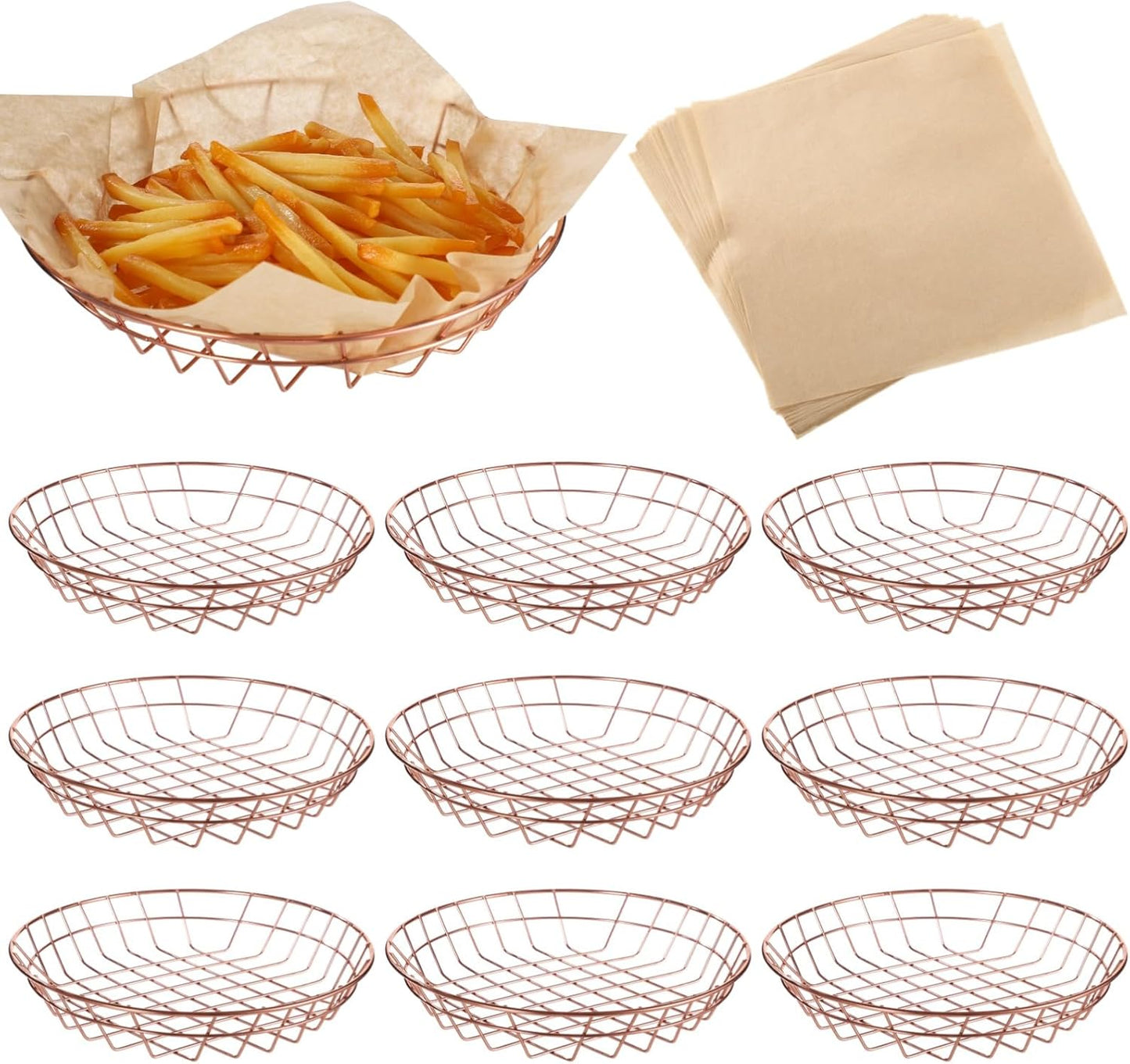 12 PCS Food Serving Wire Baskets, 9.8 x 1.8 in Wire Bread Baskets with 50 Sheets 11.8 in Square Deli Wrapper, Metal Snack Basket with Oil-Absorbing Paper for Restaurant Party