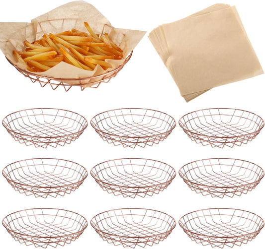 12 PCS Food Serving Wire Baskets, 9.8 x 1.8 in Wire Bread Baskets with 50 Sheets 11.8 in Square Deli Wrapper, Metal Snack Basket with Oil-Absorbing Paper for Restaurant Party