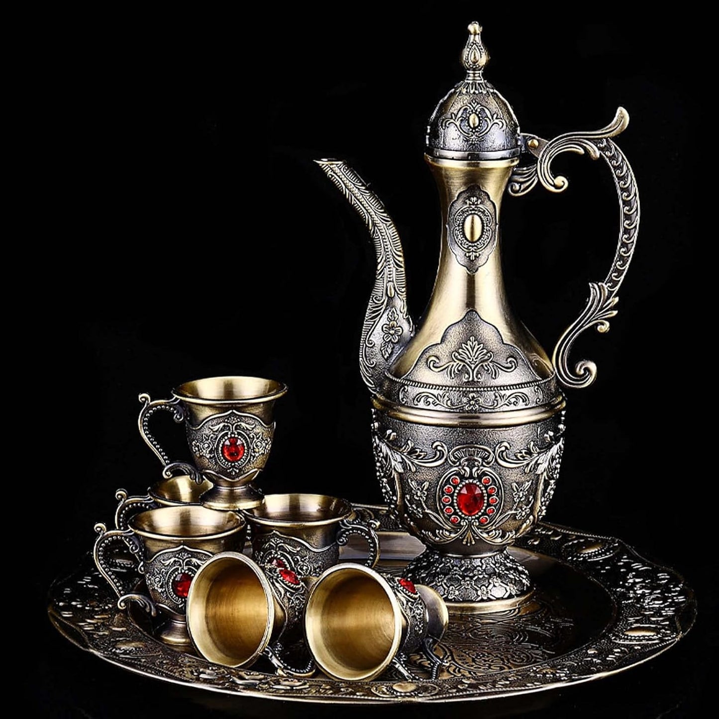 Vintage Turkish Coffee Pot and Cups Set,Tea Service Set Including Teapot,Tea Tray and Metal Cups for Wine Cabinet Decor,Wedding Ornaments (Bronze with Red Crystal)