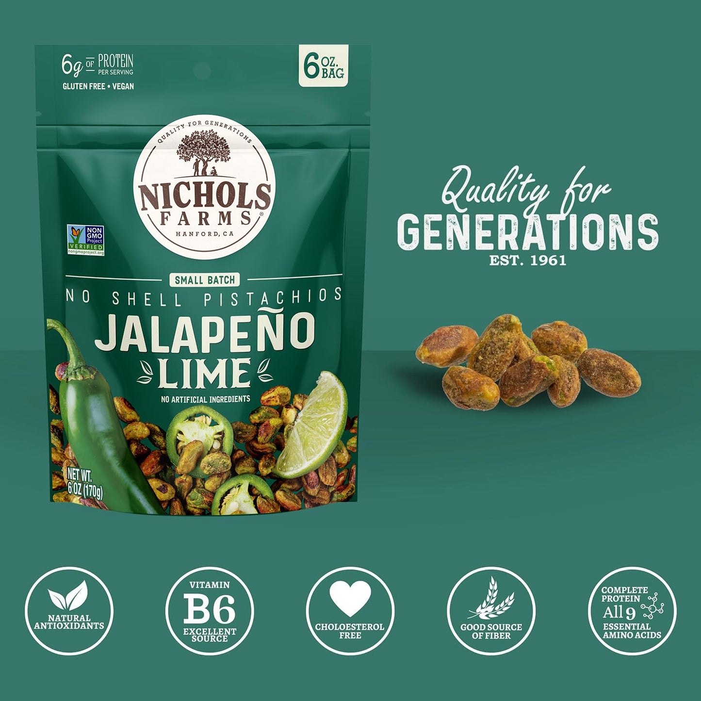 Nichols Farms Pistachios - Fresh Roasted No Shell Pistachio - Nutrient Rich Nuts Snack Packs - Non-GMO, California Grown - Healthy, Wonderful Tasting, Party Snack - (Jalapeño Lime)