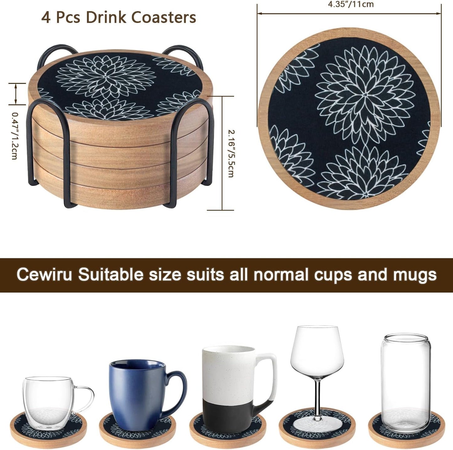 Wood Coasters Set of 4 with Holder, Cewiru Cup Mat for Drinks, Absorbent Coasters with Felt Insert for Coffee Table Protection, Modern Style Home Dining Table Decor, 4.3" Black