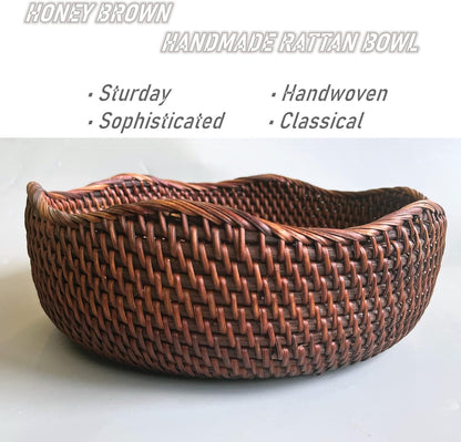 Handmade Rattan Round Fruit Basket Food Storage Bowls Kitchen Organizer Snack Serving Bowl 10 Inch Wavy Edge Circle Tray Basket with 3” Deep Wall, Dark Brown Décor Display Tray Bowl, M