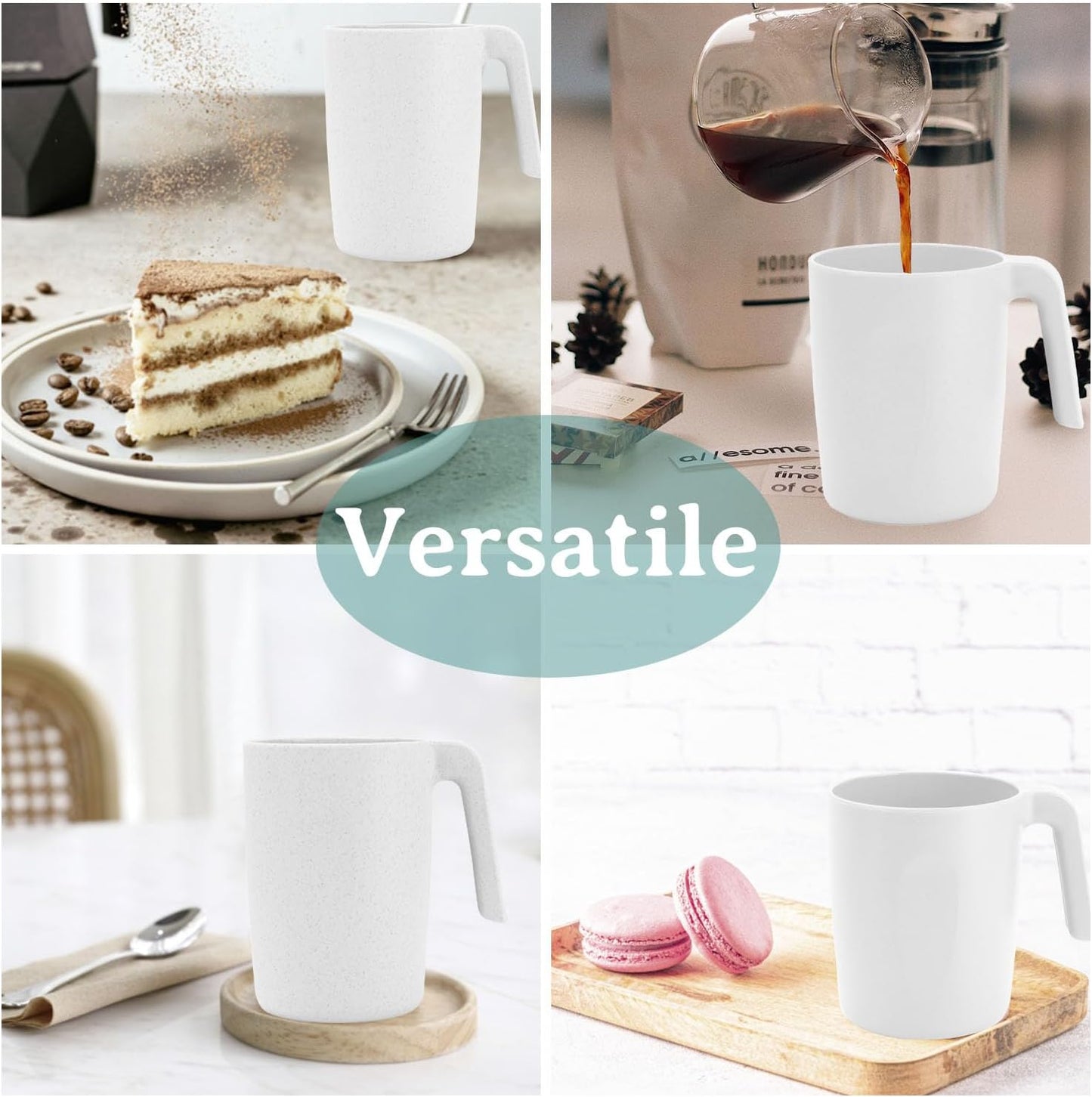 Wrova Wheat Straw Cups with Handles 16oz -Plastic Cups Reusable Set of 6-Unbreakable Coffee Mugs- Microwave & Dishwasher Safe Mug-Ideal Plastic Mugs for Tea,Coffee,Camping,RV-White