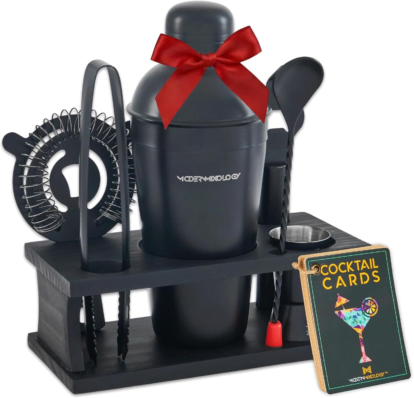 Modern Mixology Cocktail Shaker Set - 8 Piece Bartender Kit with Martini Shaker and Popular Bar Accessories on Quality Pine Stand - Leak Proof Design (Black)