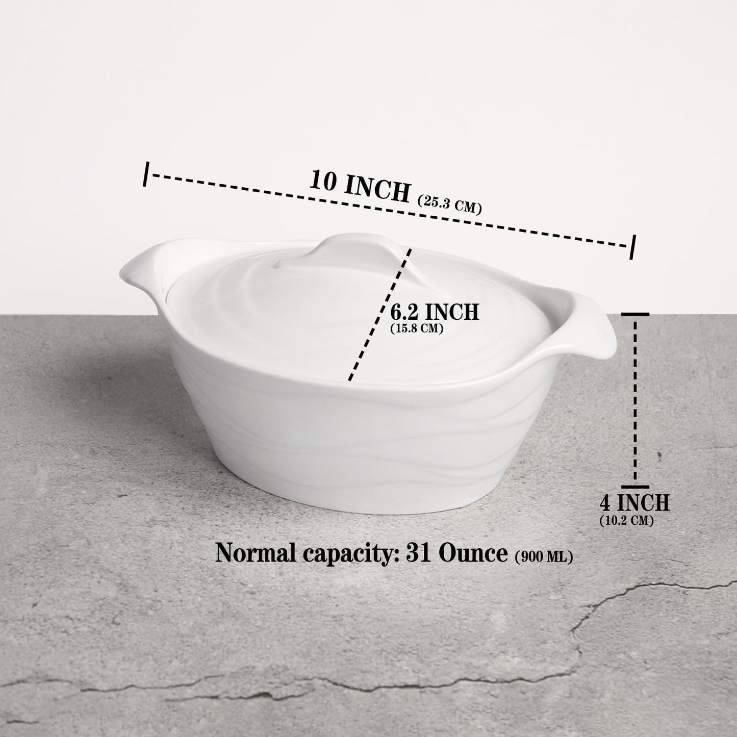 8" x 6" Ceramic Casserole Dish with Lids 31 Oz White French Soup Tureen Bakeware Set with Handle - 10 IN, Chip and Crack Resistant Baking Dish, Microwave, Dishwasher, Oven, Fridge Safe