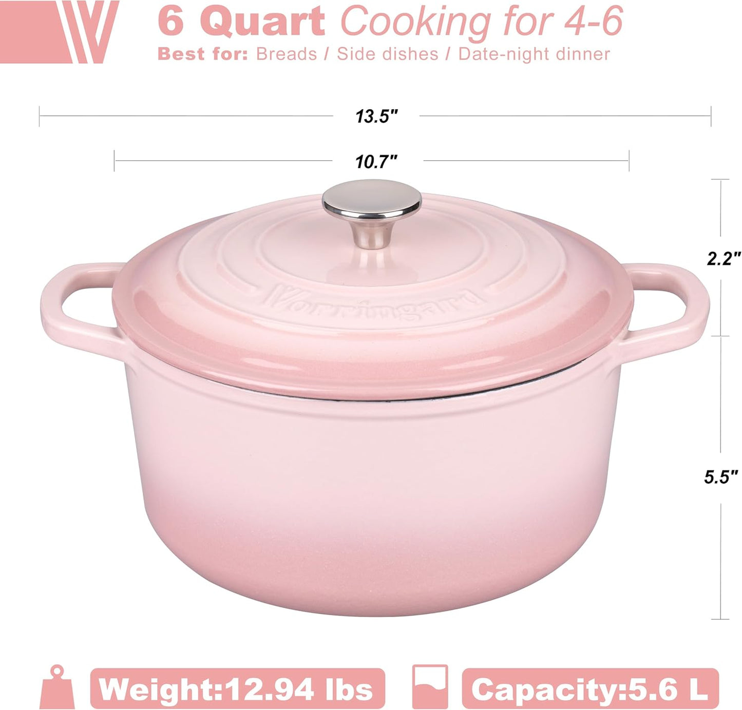 Enameled Cast Iron Dutch Oven Pot with Lid, for Sourdough Bread Baking, Round Dutch Ovens, 6 Quart, Pink