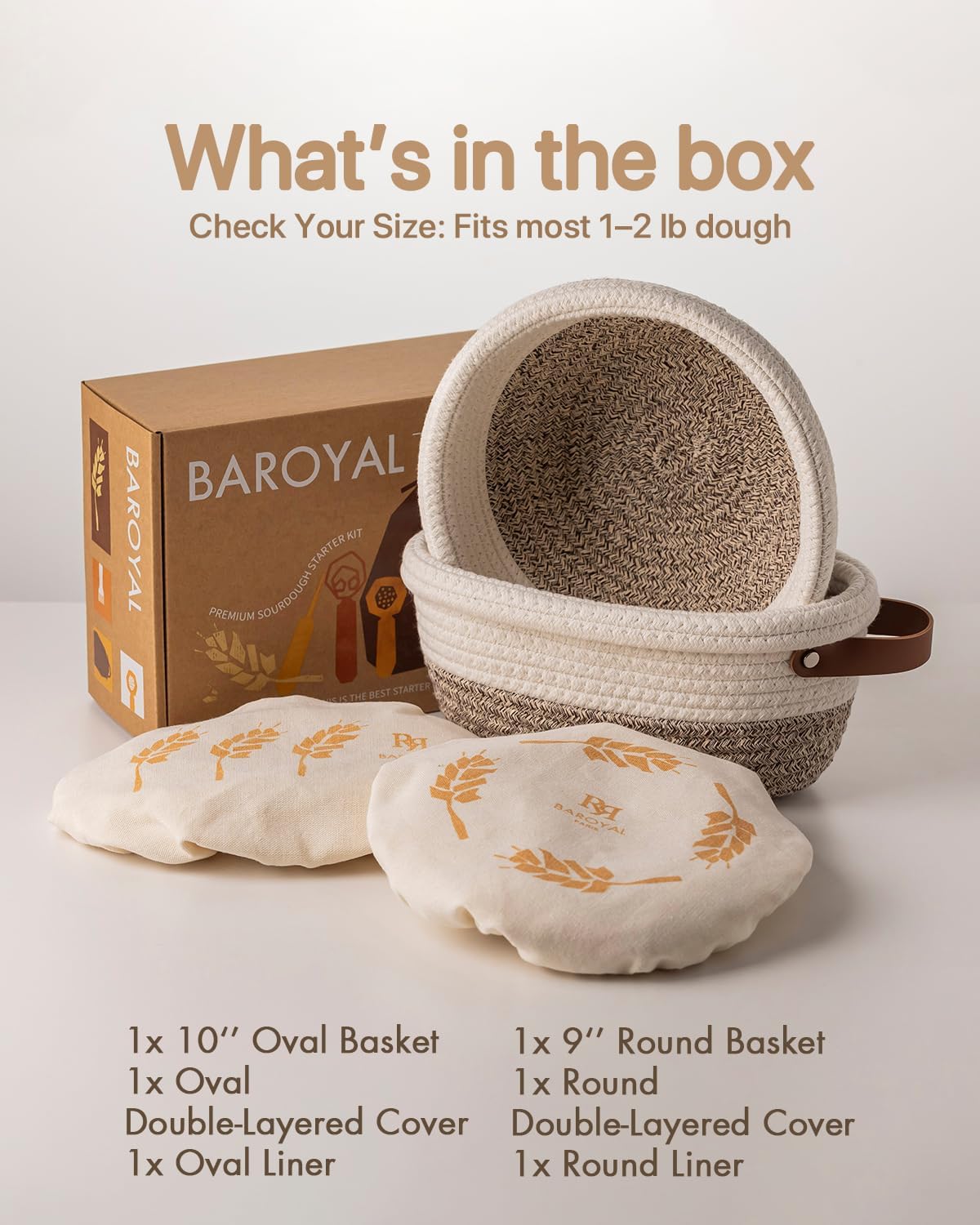 Crispier Crust Cotton Rope Banneton Bread Proofing Basket Set, Oval & Round Bread Baskets with Liners & Covers for Artisan Bread Baking, Sourdough Bread Baking Supplies(White-Mixed Brown)