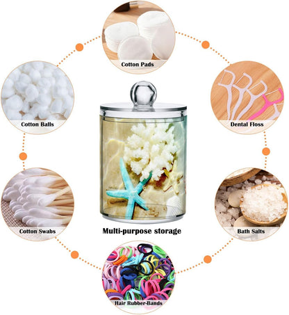 xigua Starfish Seashell Beach Qtip Holder with Lid,2Pack Clear Plastic Apothecary Jars Bathroom Storage Containers for Cotton Swab,Cotton Ball,Floss Picks,Tea,Coffee