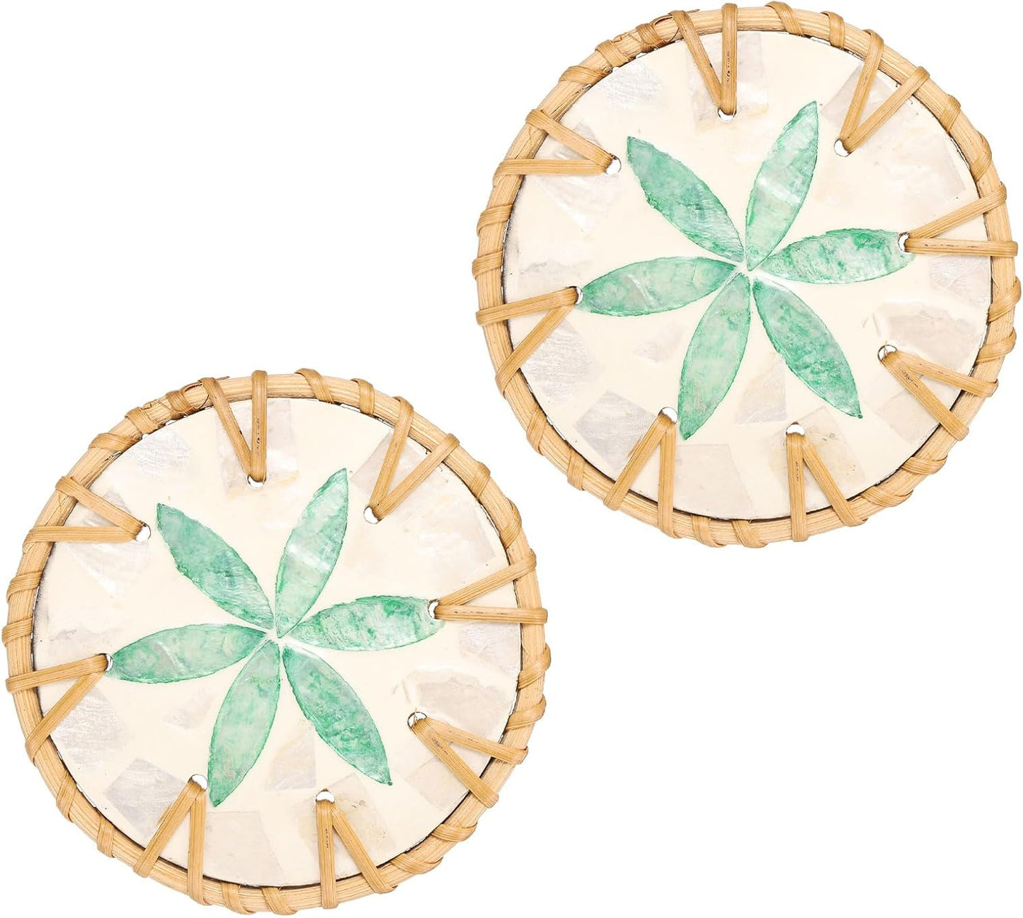 uxcell 2Pcs Handmade Woven Rattan Coasters, Heat-Resistant Drink Coasters for Coffee Table Dining Room Kitchen Coffee Wine Decor, Green Petal