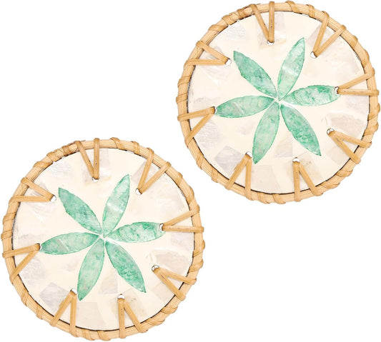 uxcell 2Pcs Handmade Woven Rattan Coasters, Heat-Resistant Drink Coasters for Coffee Table Dining Room Kitchen Coffee Wine Decor, Green Petal