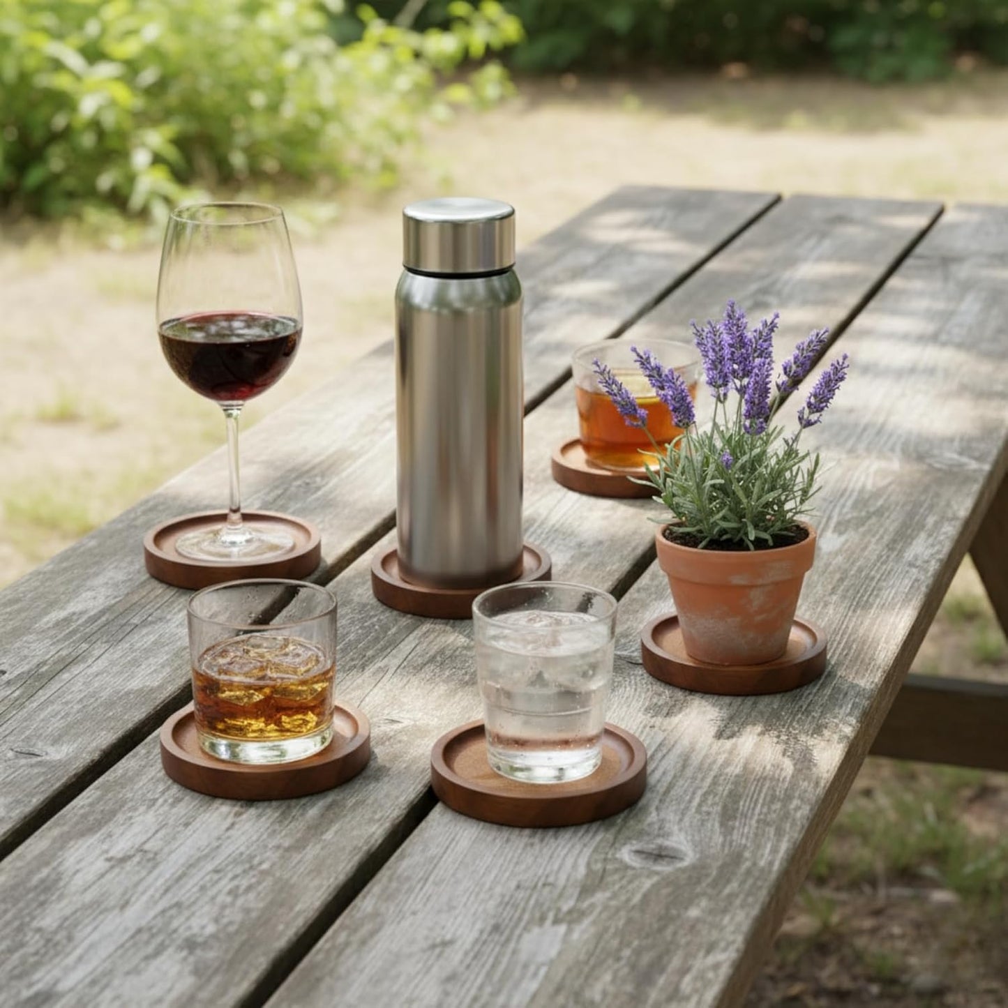 Wooden Coasters for Drinks with Metal Holder, Wooden Coaster with Cork for Tabletop Protection, Drink Coasters for Coffee Table, Desk, 4.33 Inch, Set of 6