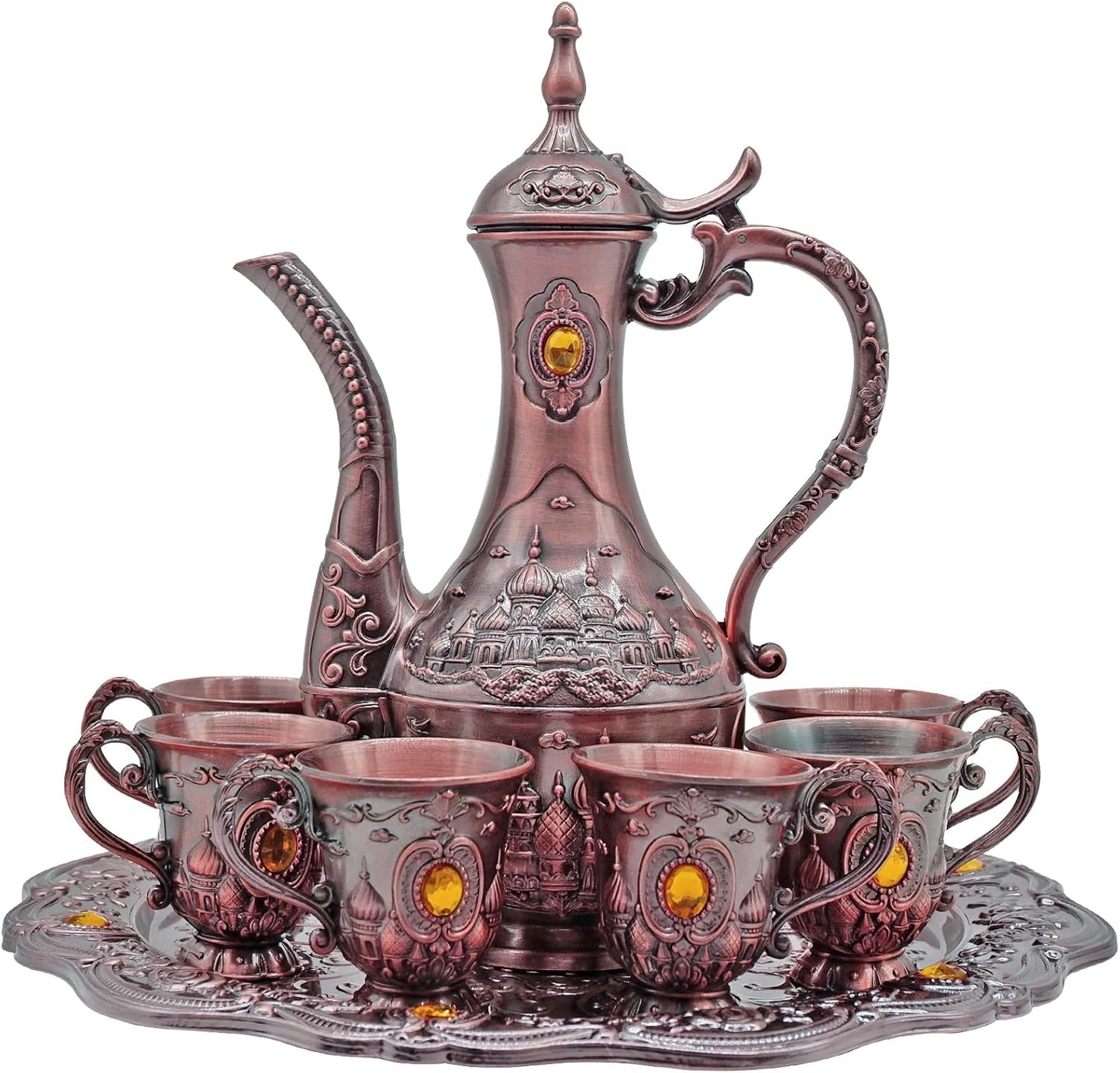 Vintage Turkish Coffee Pot Set for 6 Including Tray and Teapot,Metal Cups,Teapot and Cup Set for One,Tea Service Set for Home Tea Table Decor,Wedding Ornaments(Copper)