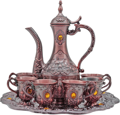 Vintage Turkish Coffee Pot Set for 6 Including Tray and Teapot,Metal Cups,Teapot and Cup Set for One,Tea Service Set for Home Tea Table Decor,Wedding Ornaments(Copper)