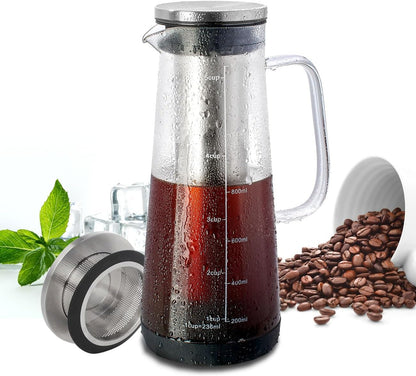 LHS Cold Brew Coffee Maker 2 in 1 Iced Coffee Maker, Glass Pitcher with Lid- 1.2Liter / 40oz, Stainless Steel Filter Removable and BPA-Free Glass Carafe for Iced Coffee, Cold Brew Tea, Juice