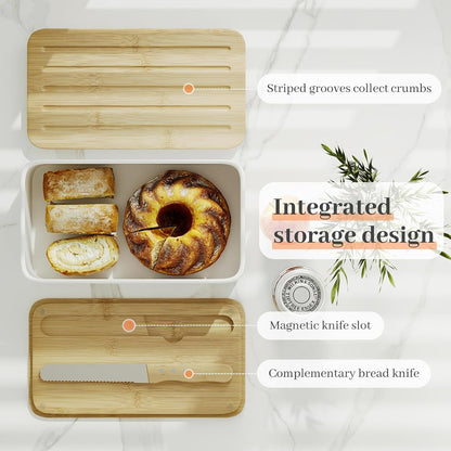 Bread Box for Kitchen Countertop - Metal Bread Storage with Bamboo Cutting Board Lid & Bread Knife, Corner Bread Container for Homemade Bread and Toast, White