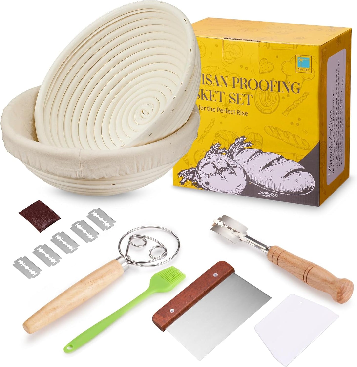 Banneton Bread Proofing Basket Banneton Basket Set Sourdough Proofing Basket Round Proofing Bowls Handmade Rattan Baskets and Liners (Round of 2 Gift Set)
