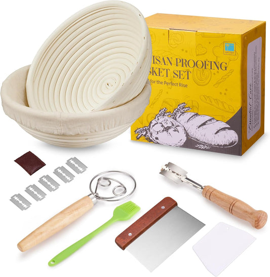 Banneton Bread Proofing Basket Banneton Basket Set Sourdough Proofing Basket Round Proofing Bowls Handmade Rattan Baskets and Liners (Round of 2 Gift Set)