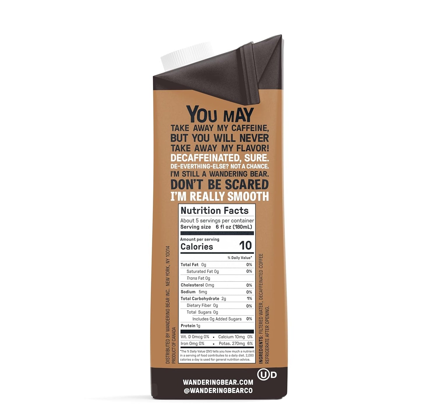 Wandering Bear Decaf Cold Brew Coffee - Bold, Smooth, No Sugar Added, Shelf-Stable, Ready to Drink, Gluten Free & Vegan Decaf Iced Cold Brewed Coffee Drink - 32 fl oz, 6 pack