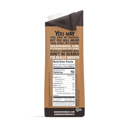 Wandering Bear Decaf Cold Brew Coffee - Bold, Smooth, No Sugar Added, Shelf-Stable, Ready to Drink, Gluten Free & Vegan Decaf Iced Cold Brewed Coffee Drink - 32 fl oz, 6 pack