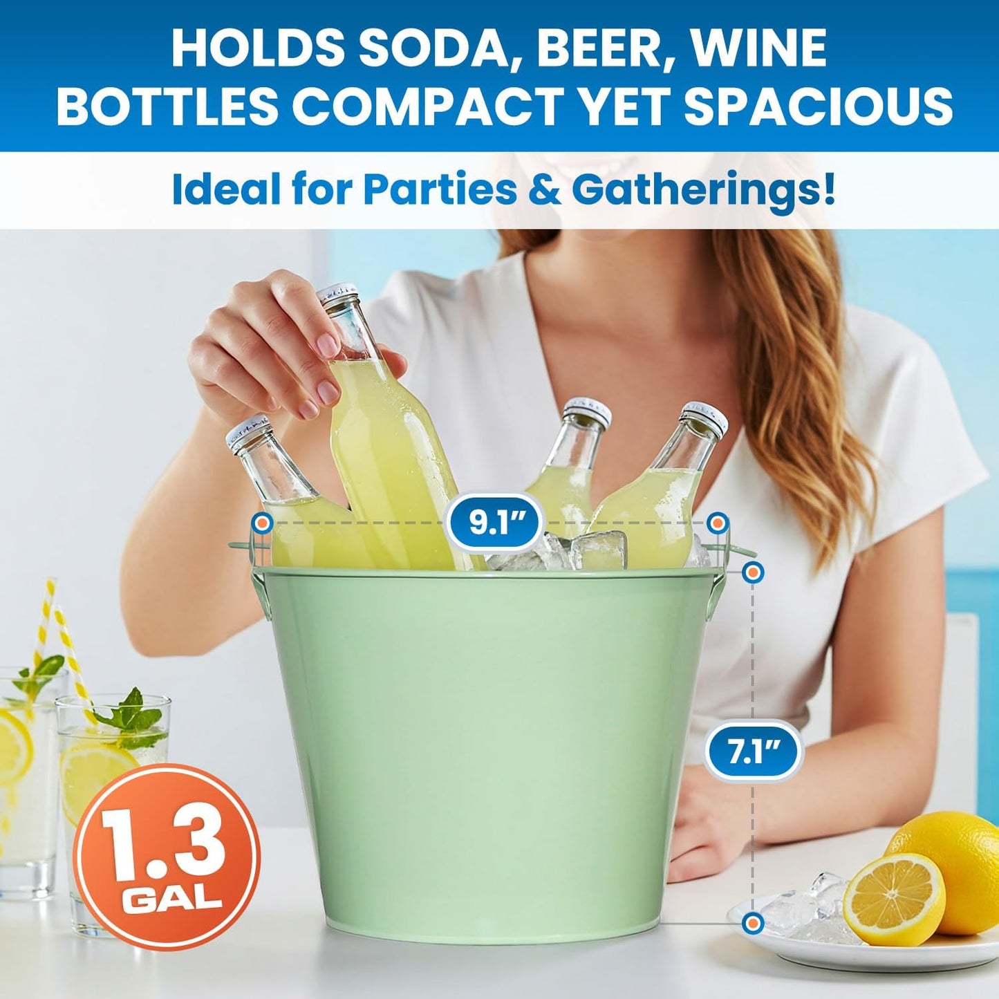 PLEXON Galvanized Metal Ice Bucket for Parties Coctail Bar Restaurant - Drink Beer Champagne Metal Pail Bucket with Handle, Beverage Chiller Cooler Small 1.3 Gallon, Green Set of 2