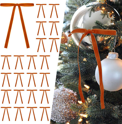 SIMISI RIBBON 24Pcs Orange Christmas Velvet Ribbon Bows Decorations Xmas Ornaments Vintage Decor for Tree, Wreath, Garland (3/8'' Width, 5 * 7 inch)