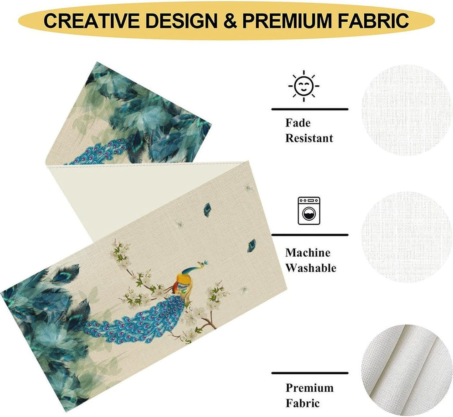 Peacock Table Runner, Retro Chinoiserie Luxury Blue Floral Vintage Aesthetic Table Runner for Coffee Table Home Party Kitchen Dining Table Wedding Party Decor, 13x72 inches