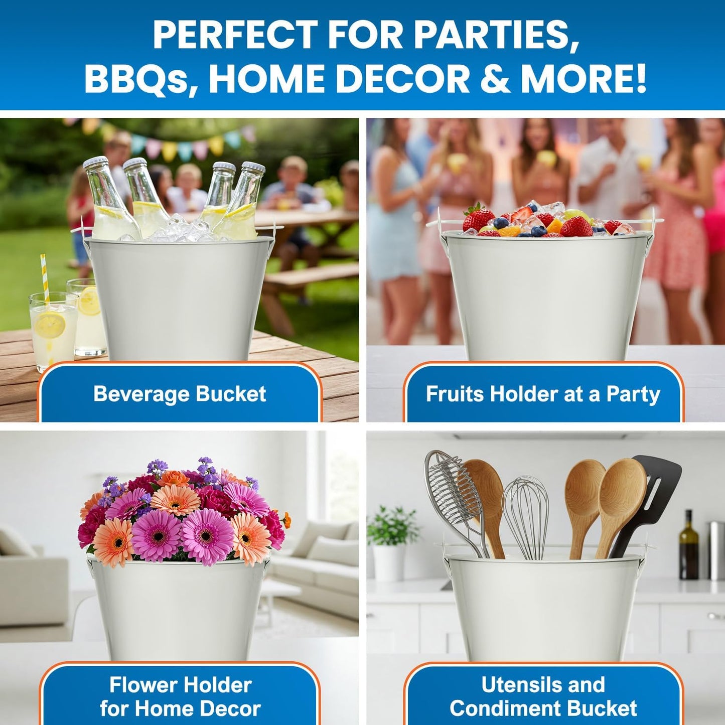 PLEXON Galvanized Metal Ice Bucket for Parties Coctail Bar Restaurant - Drink Beer Champagne Metal Pail Bucket with Handle, Beverage Chiller Cooler Small 1.3 Gallon, Off-White, Set of 3