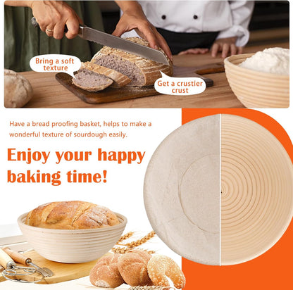 P&P CHEF Bread Proofing Baskets for Sourdough, 9 Inch Proofing Basket Set of 2, Dough Making Baskets, Ideal for Professionals and Beginner Baker, Handmade Rattan Basket with Cloth Liner, Round