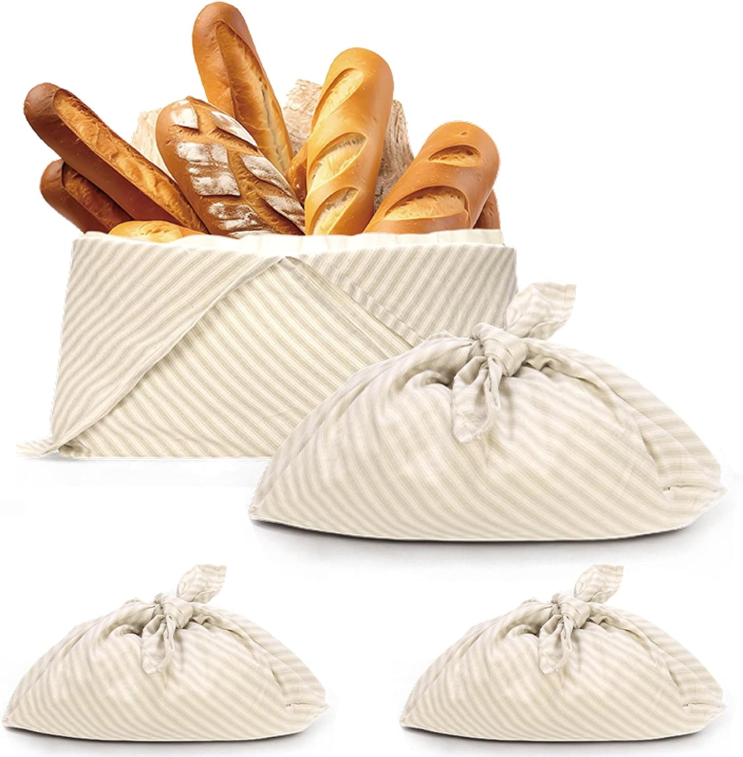 yeload 2 Pack Beeswax Bread Bags, Striped Linen Bento Bags, 14" Cotton Loaf Bag, Reusable Organic Food Storage, Sourdough Bag, Rustic Farmhouse Azuma Bukuro Origami Wrap for Baked Gifts (Beige, 2)