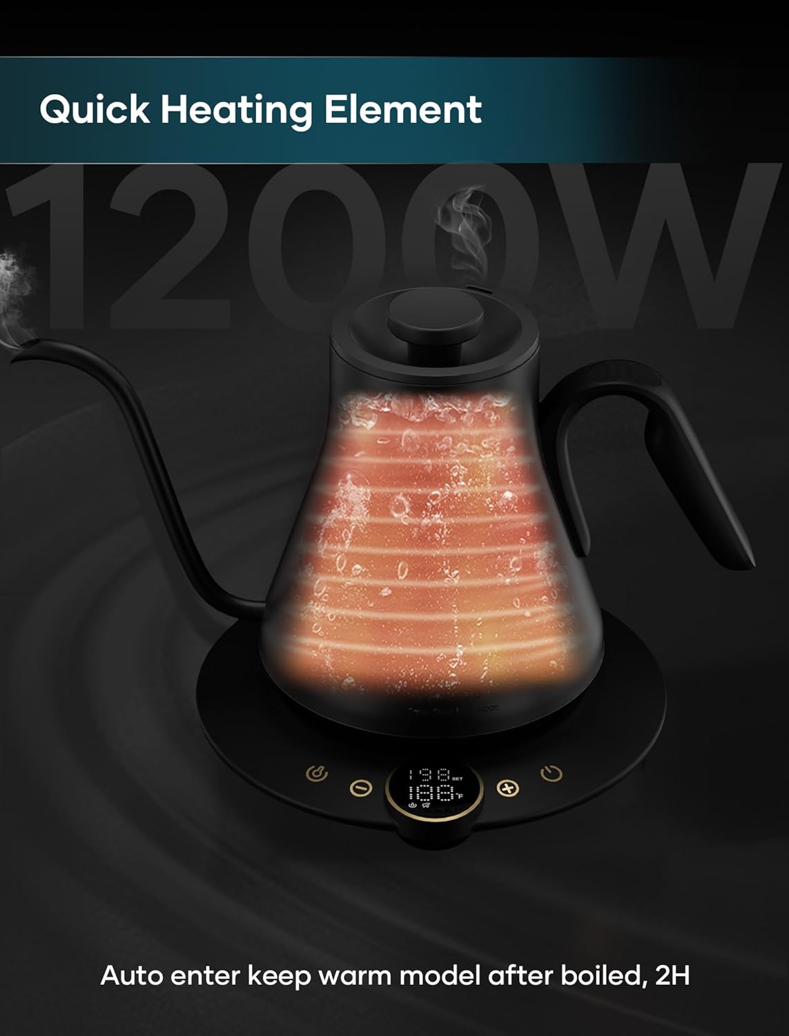 Gooseneck Electric Kettle with ±1℉ Temperature Control for Pour Over Coffee & Tea, Quick Heating, BPA-Free Stainless Steel, Built-in Brew Timer, 1500W/0.9L (Onyx Black)