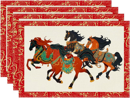 Artoid Mode Zodiac Horse Happy 2026 Chinese New Year Placemats Set of 4, 12x18 Inch Seasonal Lunar Winter Table Mats for Party Kitchen Dining Decoration
