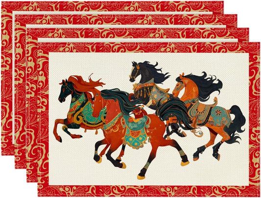 Artoid Mode Zodiac Horse Happy 2026 Chinese New Year Placemats Set of 4, 12x18 Inch Seasonal Lunar Winter Table Mats for Party Kitchen Dining Decoration