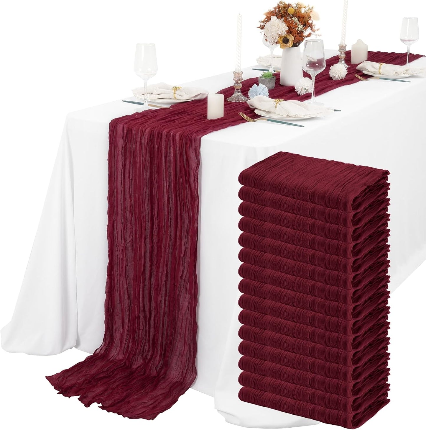 15 Packs Cheesecloth Table Runner Burgundy,10 Ft Wine Red Rustic Gauze Boho Wedding Table Runner Decoration,Wedding Table Decor Table Cloth for Wedding Party Bridal Shower Table,21.5x120in