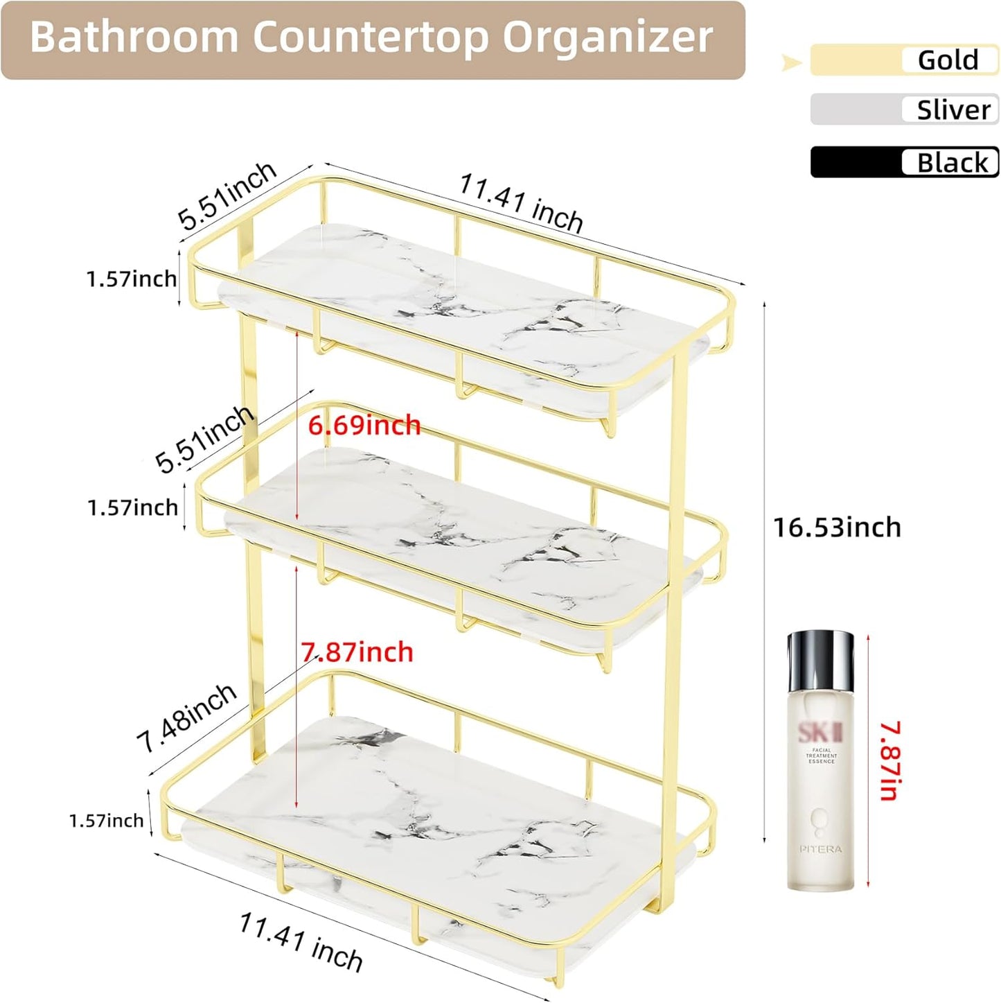 Bathroom Organizer Countertop Perfume Organizer Makeup Organizer Cosmetics Storage Display Rack Vanity Tray Dresser Stainless Steel Gold Shelf White Marble Ceramic Tray