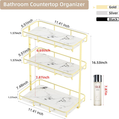 Bathroom Organizer Countertop Perfume Organizer Makeup Organizer Cosmetics Storage Display Rack Vanity Tray Dresser Stainless Steel Gold Shelf White Marble Ceramic Tray