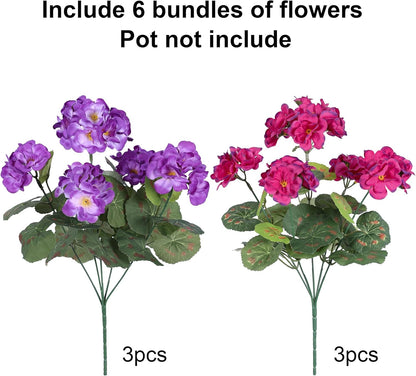 Artificial Geranium Fake Flowers for Outdoors Decoration, 6 Bundles Silk Geraniums Flower UV Resistant Look Real Faux Plants for Front Door Garden Porch Planter Patio Balcony Yard Indoor Home, Mix