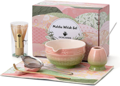 Matcha Tea Set, 8 Pcs Japanese Matcha Kit with Cherry Blossom and Wave Design Ceramic Bowl, Bamboo Whisk, Whisk Holder, Scoop, Sifter, Brush, Matcha Kit Set for Matcha Lovers (Pink-Green)
