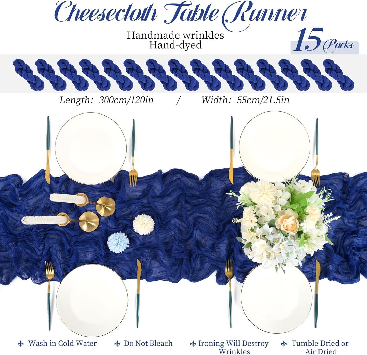 15 Packs Cheesecloth Table Runner Royal Blue,10 Ft Blue Rustic Gauze Boho Wedding Table Runner Decoration, Wedding Table Decor for Wedding Party Bridal Shower Table,21.5x120in