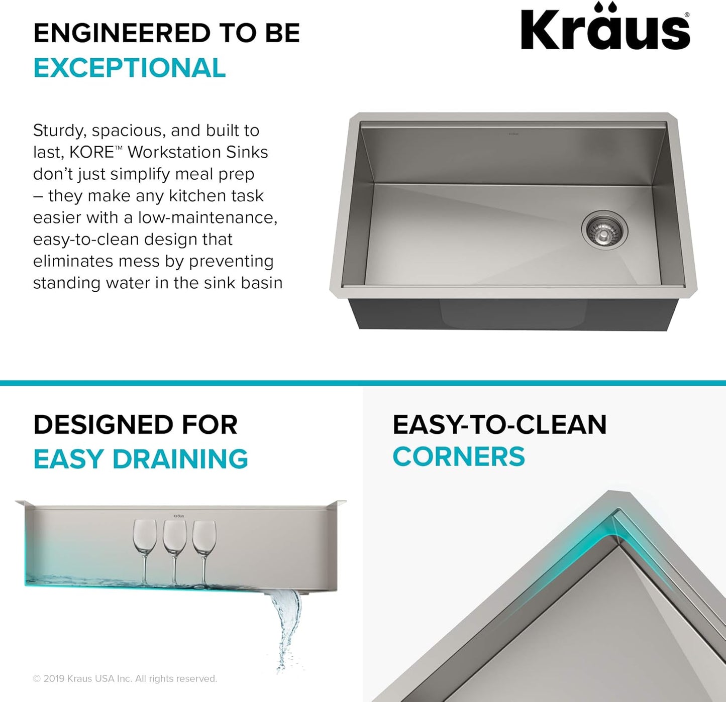 KRAUS Kore Workstation 30-inch Undermount 16 Gauge Stainless Kitchen Sink, Single Bowl Kitchen Sink with 1 HP Garbage Disposal,KWU110-30-100-100MB