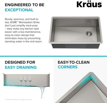 KRAUS Kore Workstation 30-inch Undermount 16 Gauge Stainless Kitchen Sink, Single Bowl Kitchen Sink with 3/4 HP Garbage Disposal, KWU110-30-100-75MB