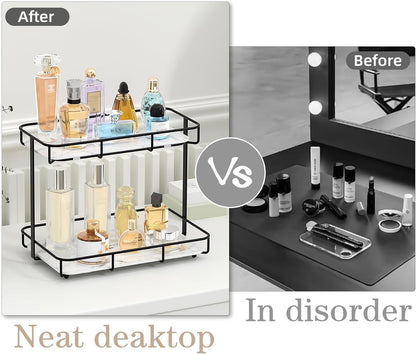 Bathroom Organizer Countertop Perfume Organizer Makeup Organizer Cosmetics Storage Display Rack Vanity Tray Dresser Stainless Steel Gold Shelf White Marble Ceramic Tray