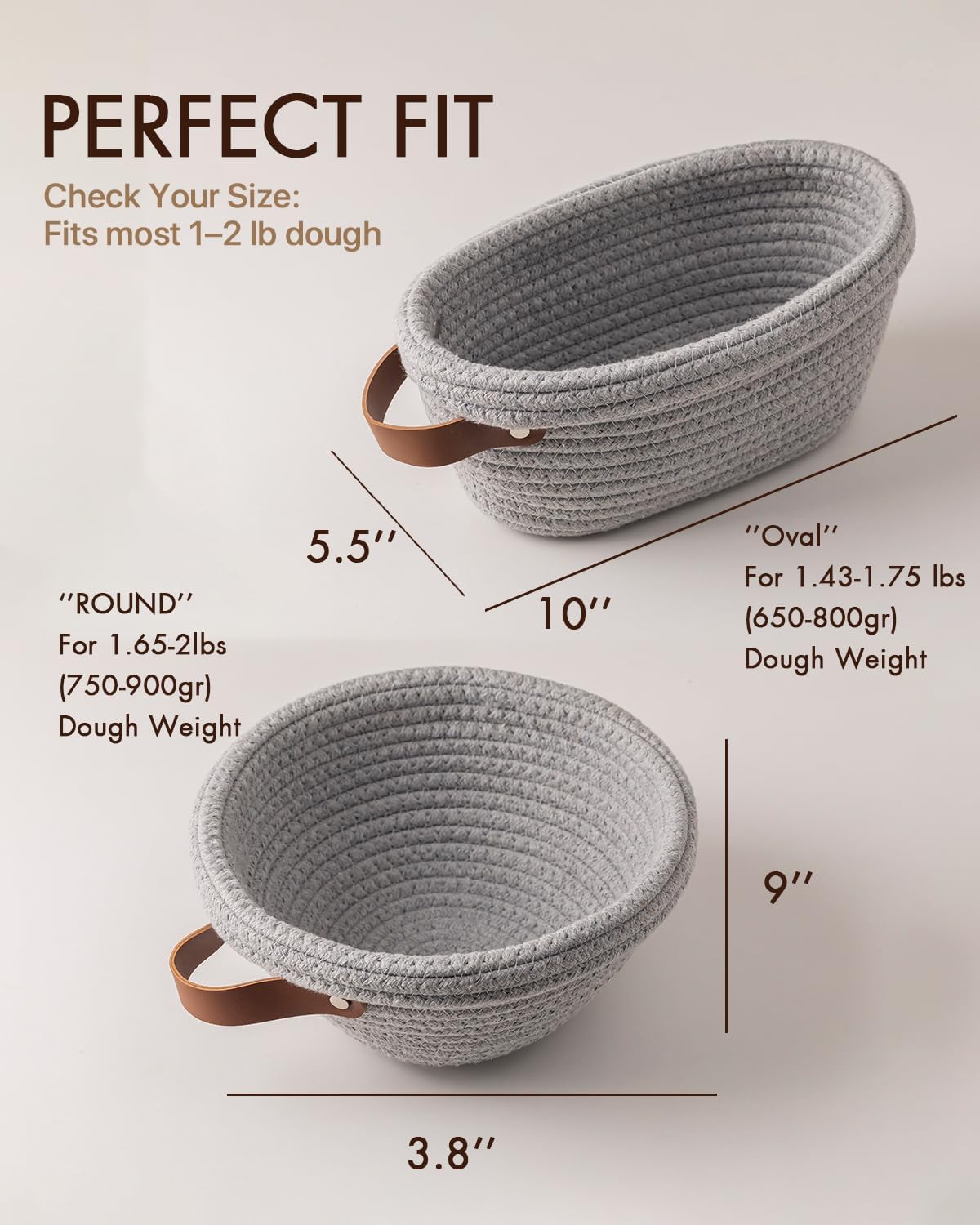 Crispier Crust Cotton Rope Banneton Bread Proofing Basket Set, Oval & Round Bread Baskets with Liners & Covers for Artisan Bread Baking, Sourdough Bread Baking Supplies(Gray)