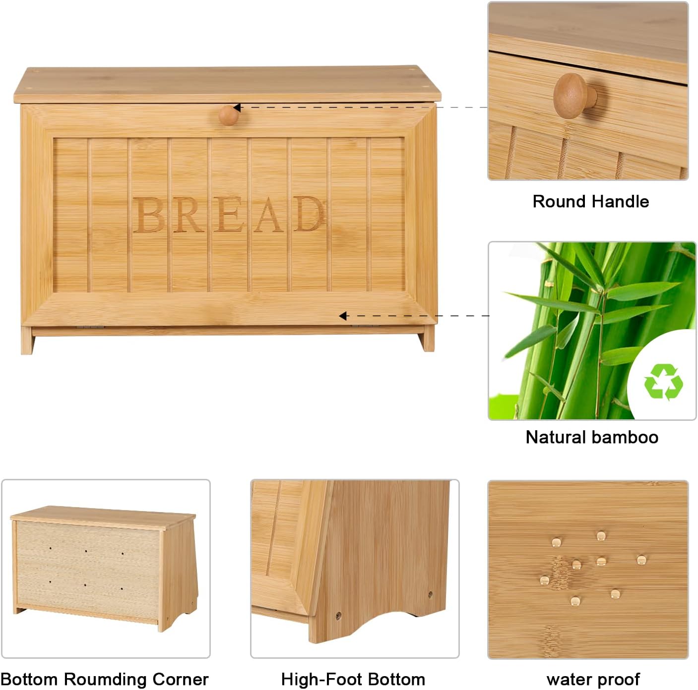 HOMEKOKO Vintage Large Wood Bread Box for Kitchen Counter, Retro Design Single Layer Bamboo Large Capacity Food Storage Bin (Natural Bamboo)