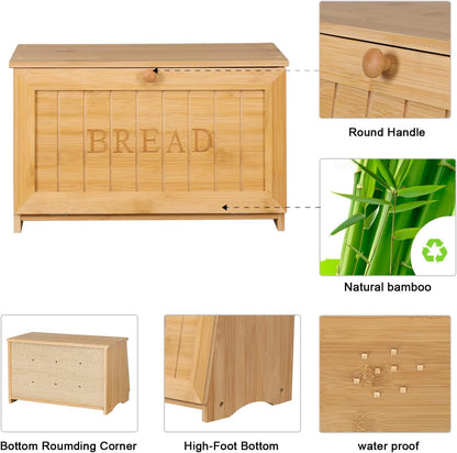 HOMEKOKO Vintage Large Wood Bread Box for Kitchen Counter, Retro Design Single Layer Bamboo Large Capacity Food Storage Bin (Natural Bamboo)