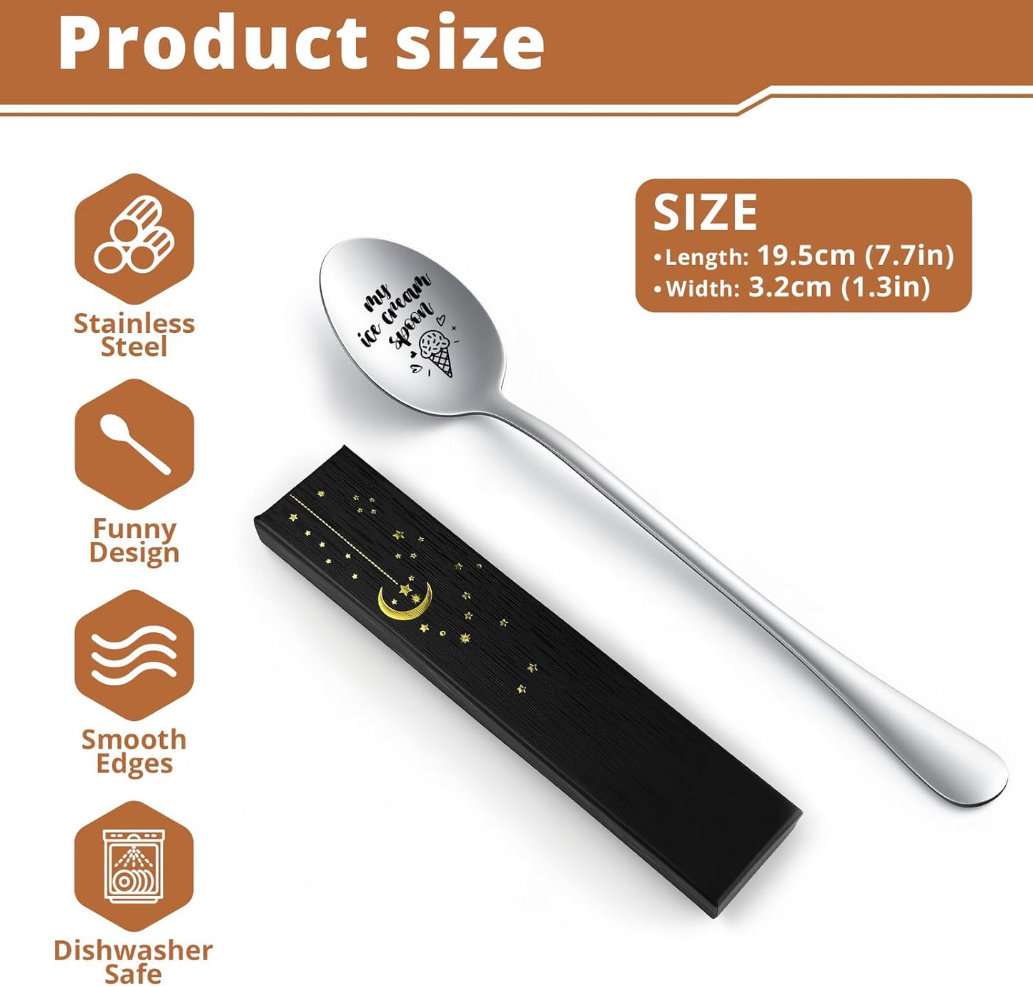 Ice Cream Spoon - Funny Engraved Stainless Steel Spoon for Ice Cream Lovers, Women, Men, Kids Birthdays