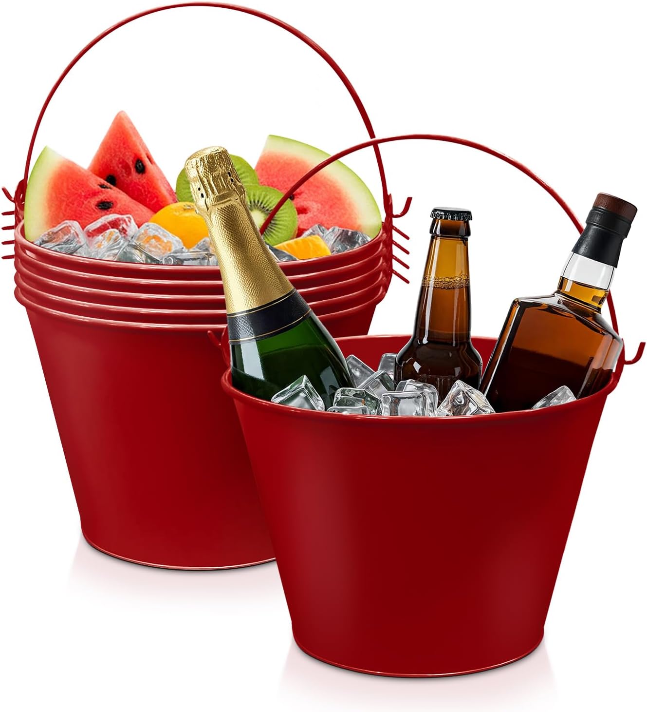 PLEXON Galvanized Metal Ice Bucket for Parties Coctail Bar Restaurant - Drink Beer Champagne Metal Pail Bucket with Handle, Beverage Chiller Cooler Small 1.3 Gallon, Red - Set of 6