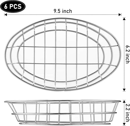 Tioncy 6 Pcs Chrome Oval Metal Wire Baskets 9.5 x 6.2 x 2.2 Inch Bread Serving Decorative Sandwich Container Christmas Party Fast Food Basket for Fruit Burger Kitchen Restaurant(Silver)