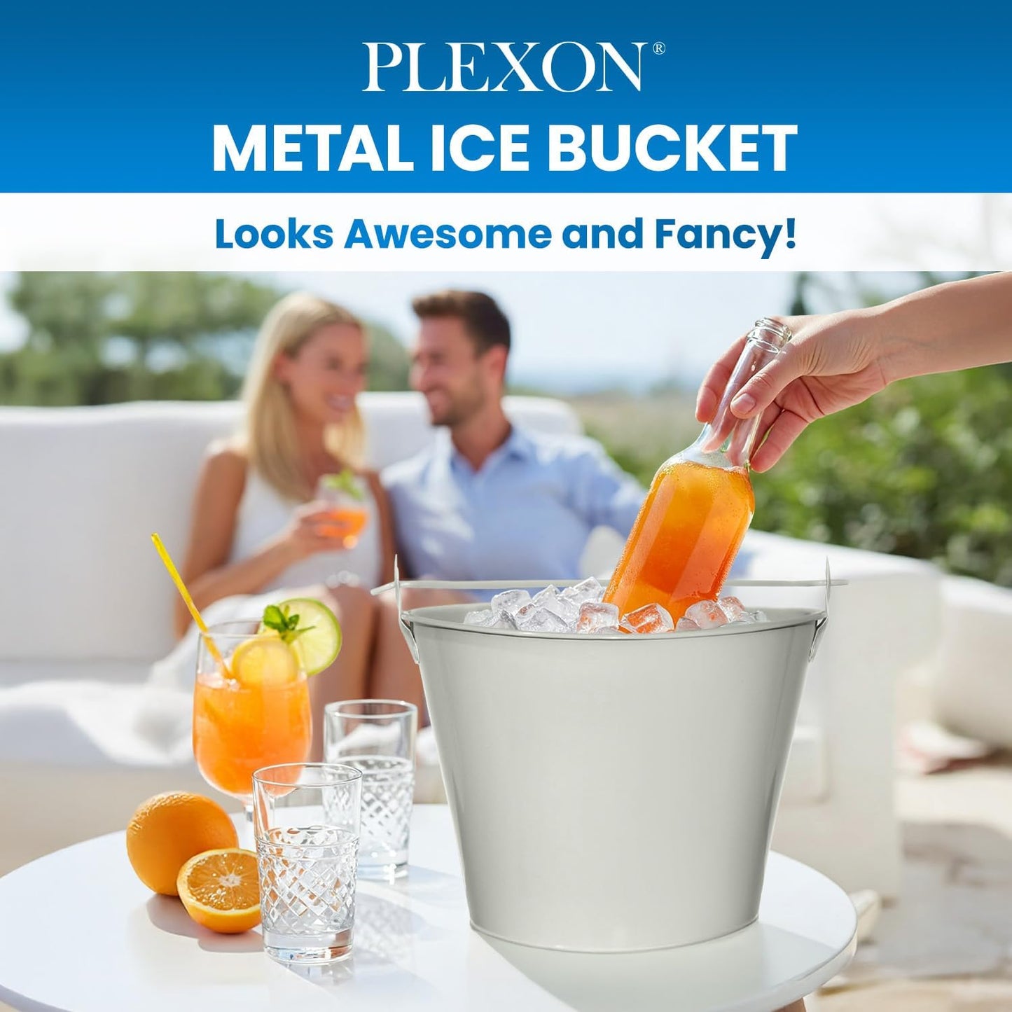 PLEXON Galvanized Metal Ice Bucket for Parties Coctail Bar Restaurant - Drink Beer Champagne Metal Pail Bucket with Handle, Beverage Chiller Cooler Small 1.3 Gallon, Off-White, Set of 6